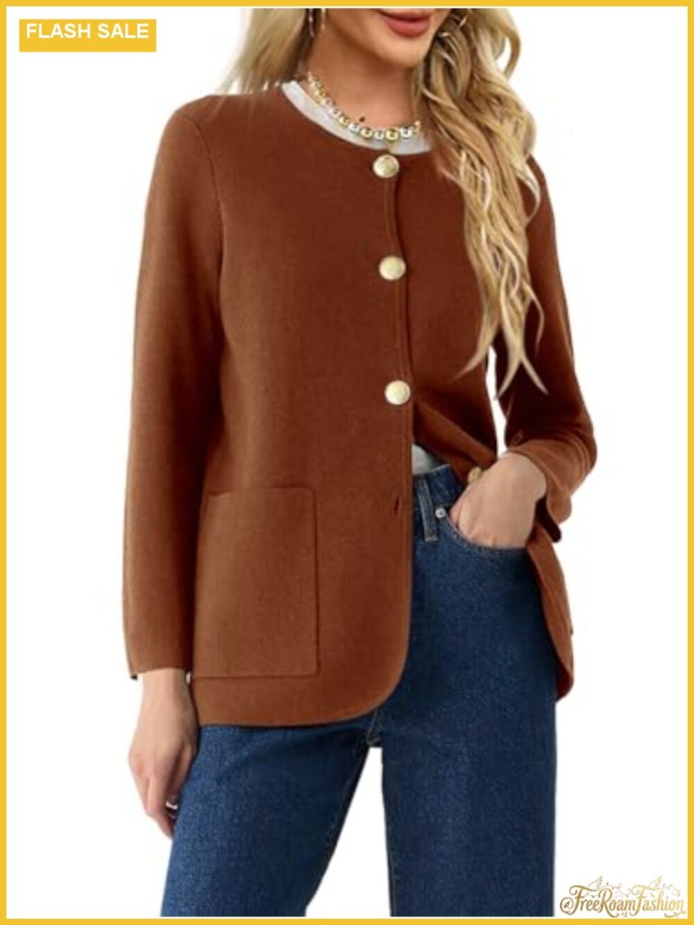 Crew Neck Button Down Cardigan Sweater Blazer Long Sleeve Knit Jacket with